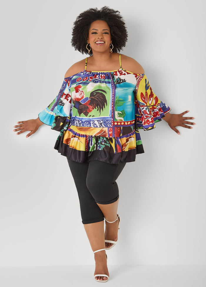 Printed Satin Cold Shoulder Blouse