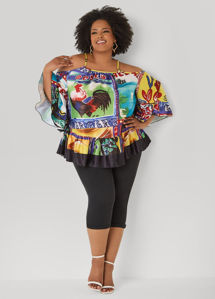Printed Satin Cold Shoulder Blouse