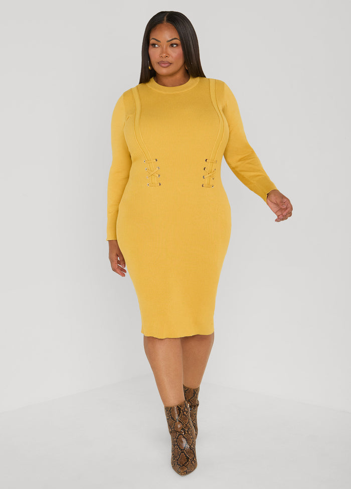 Ribbed Lace Up Sweater Dress