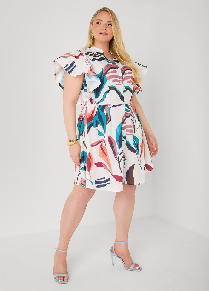 Ruffled Leaf Print Shirtdress