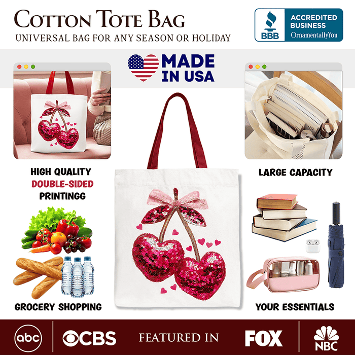 Sequin Cherry Heart Tote Bag