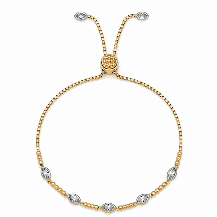 A delicate gold chain bracelet with five marquise-cut clear gemstones spaced along the lower curve, featuring an adjustable sliding clasp with matching round gemstone tips, shown on a plain white background.