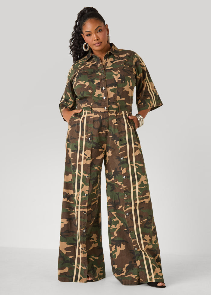 Striped Camo Print Denim Jumpsuit