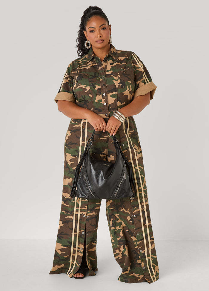 Striped Camo Print Denim Jumpsuit