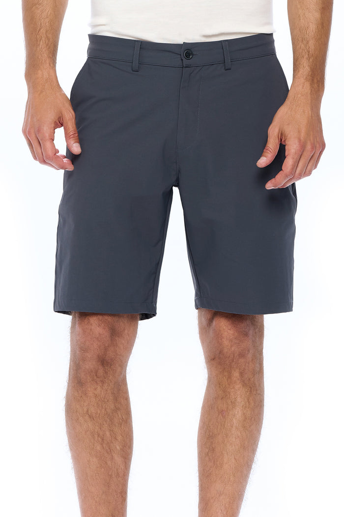 Front shot close up of the non stop travel shorts in grey.