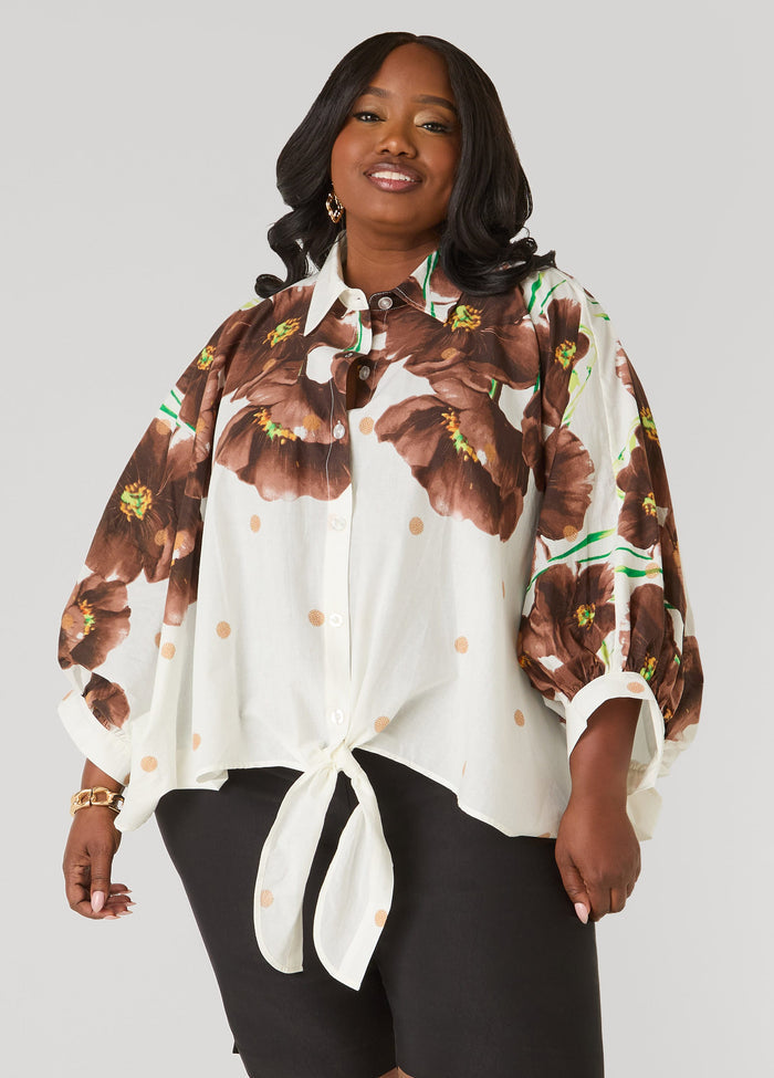 Tie Front Floral Cotton Shirt