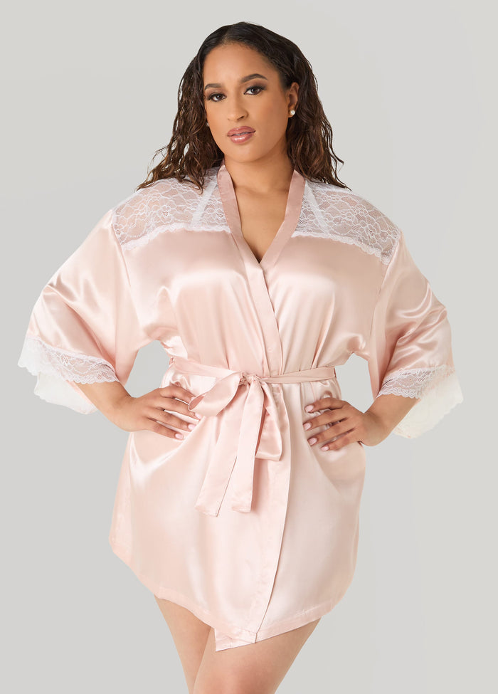 Plus Size Two Tone Lace Paneled Satin Robe