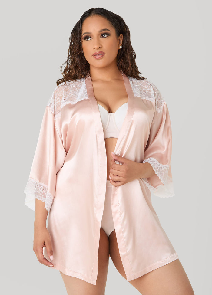 Two Tone Lace Paneled Satin Robe