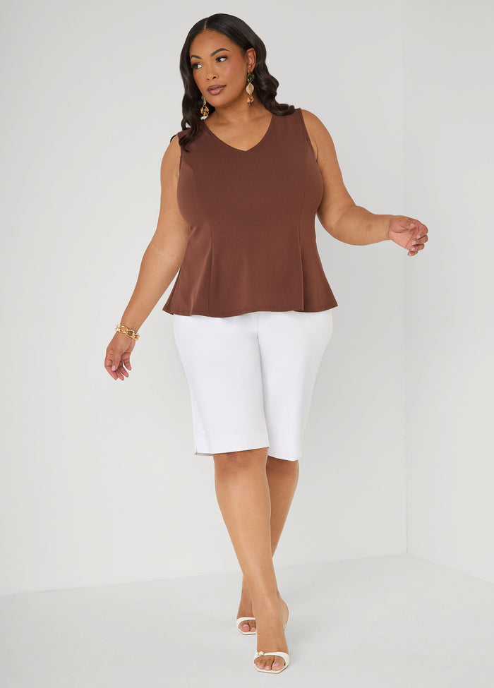 V Neck Stretch Crepe Peplum Top