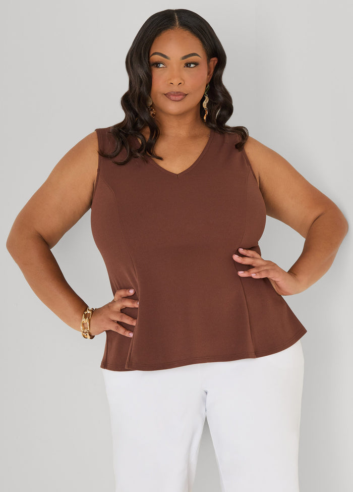 V Neck Stretch Crepe Peplum Top