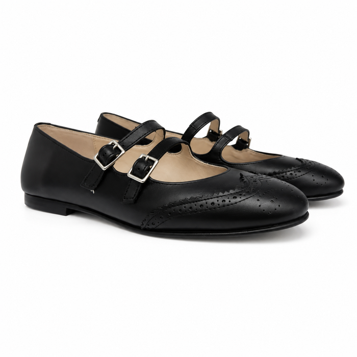 Valencia Black Wingtip Double Buckle Mary Jane